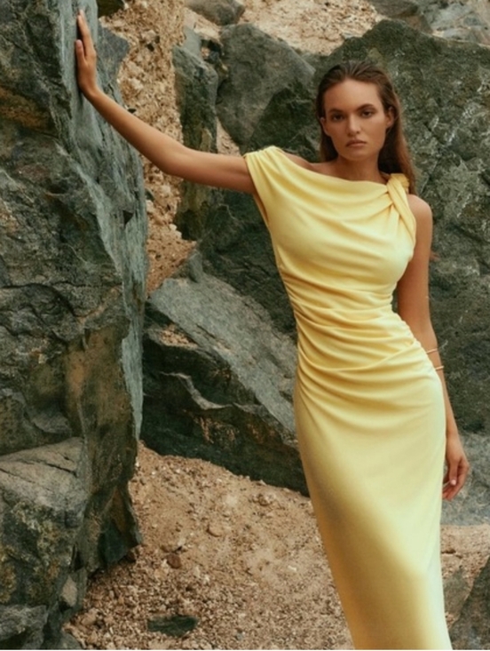 Zara Dresses & Skirts - Butter Yellow Draped One-Shoulder Maxi Fitted Bodycon Dress